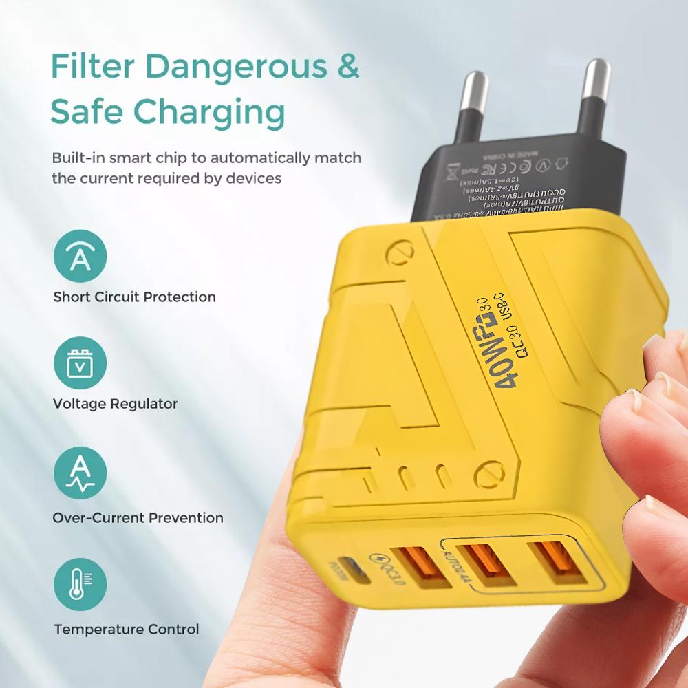 40W 4 Ports Handy-Ladegeräte USB A PD Schnelllade-Handy-Wandladegerät-Adapter für iPhone Samsung Xiaomi EU/US/UK-Stecker