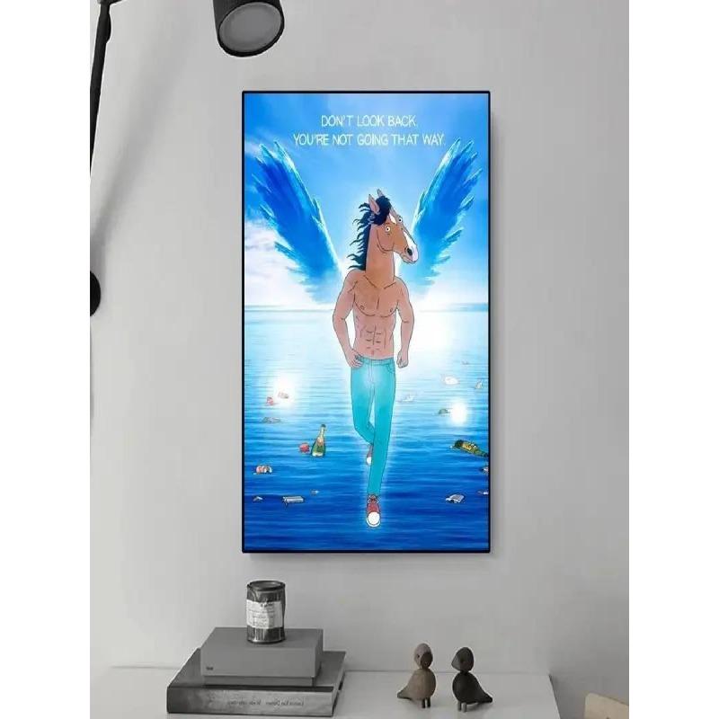Whimsical Winged Horses Abstract Canvas Art Print  Vibrant Cartoon River Scene for Living Room Wall Decor