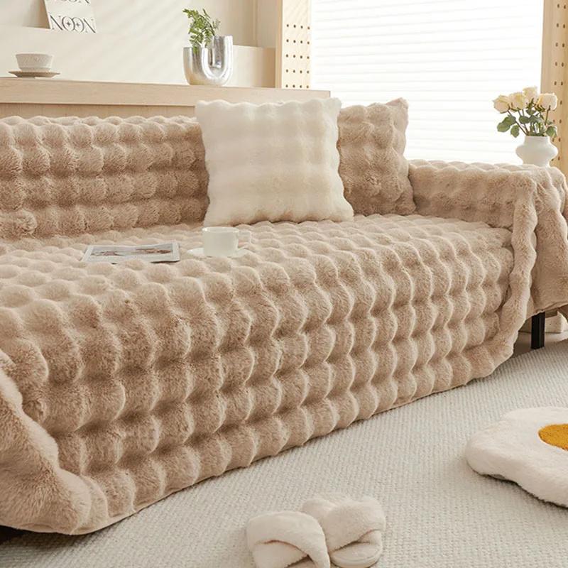 Plush Sofa Cover Thick Faux Fur Shaggy Fuzzy Sectional Couch Cover Universal Gray Furniture Cover Fluffy Sofa Slipcover