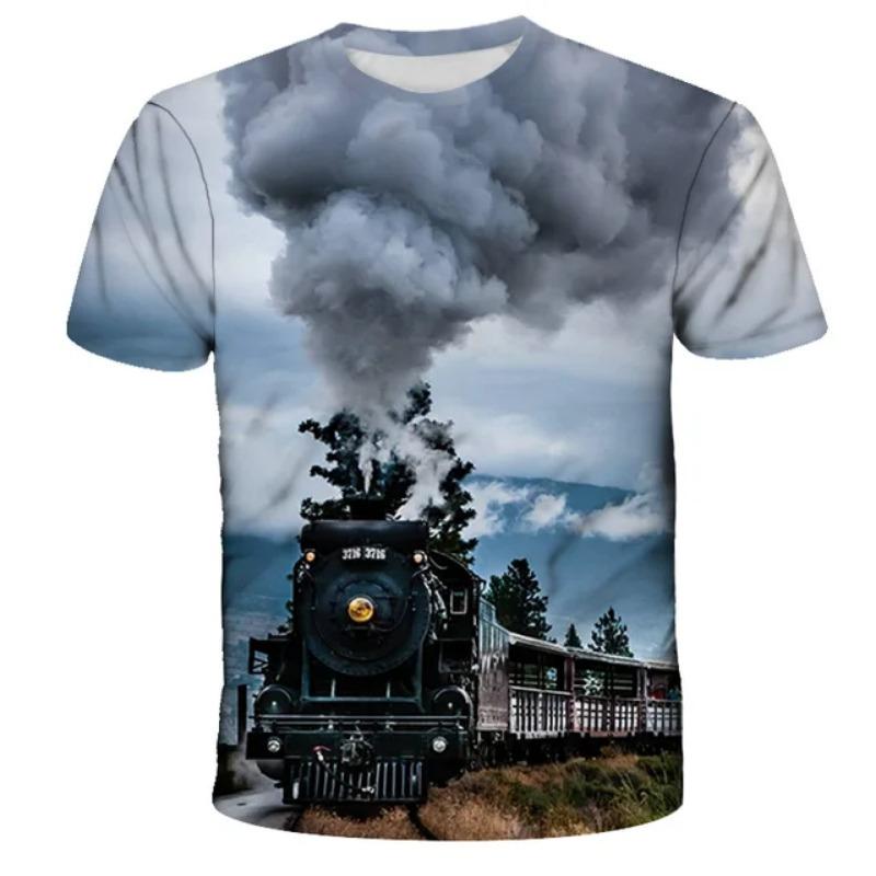 Retro Summer Motorcycle Train 3D Printed T-shirt Fashion Men's and Women's Daily T-shirt Round Neck Pattern T-shirt Top