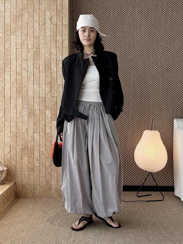 Xu Man Spring/Summer Paris Fashion Plaid Balloon Button Cuff Long Pants for Women
