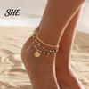 Bohemian Anklet Beach for Women, Starfish Shell Fish Tail Pendant Boho Jewelry Bracelet, Layered Faux Pearl Foot Chain Summer Vacation Charm