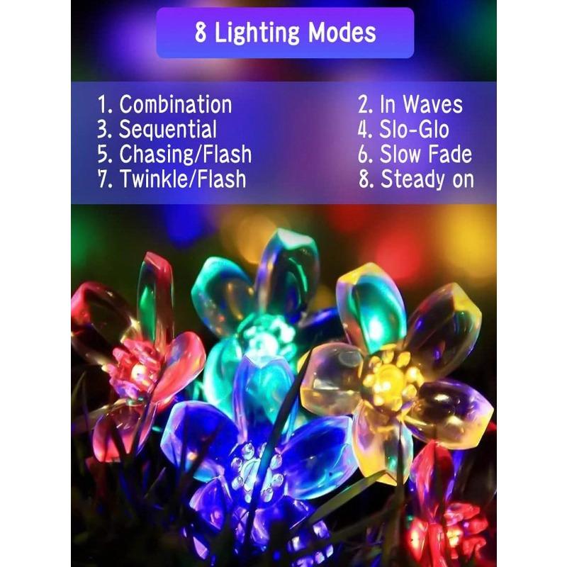 50Leds Solar Garden Outdoor String Lights, Cherry Blossom-Shaped LEDs. 8 Modes Available For Outdoor Use. Fairy Lighting For Christmas Trees.