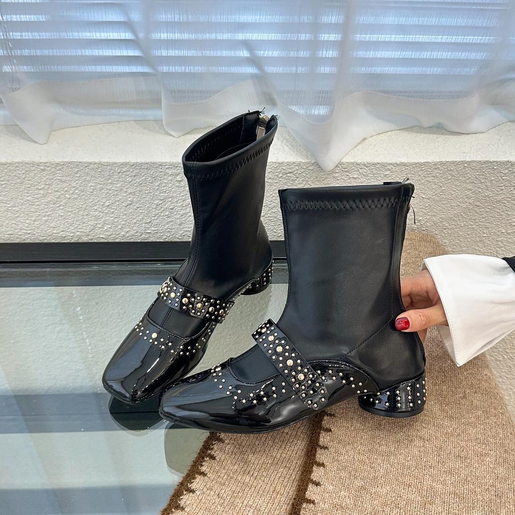 Back zipper rivet square toe thick heel short boots for women 2025 autumn/Winter new French style gentle stretch fashion boots