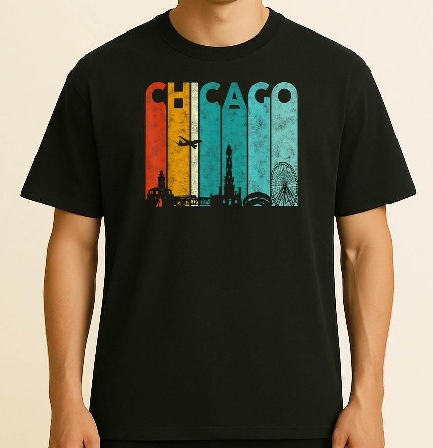 

Vintage Retro Style Chicago city Skyline Airplane Chicago Unisex T-Shirt S