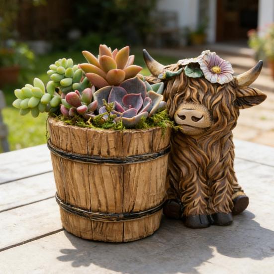 Highland Cow Planter Cute Resin Cow Flower Pot Small Decorative Plant Pot Succulents Planter for Indoor Outdoor Decor