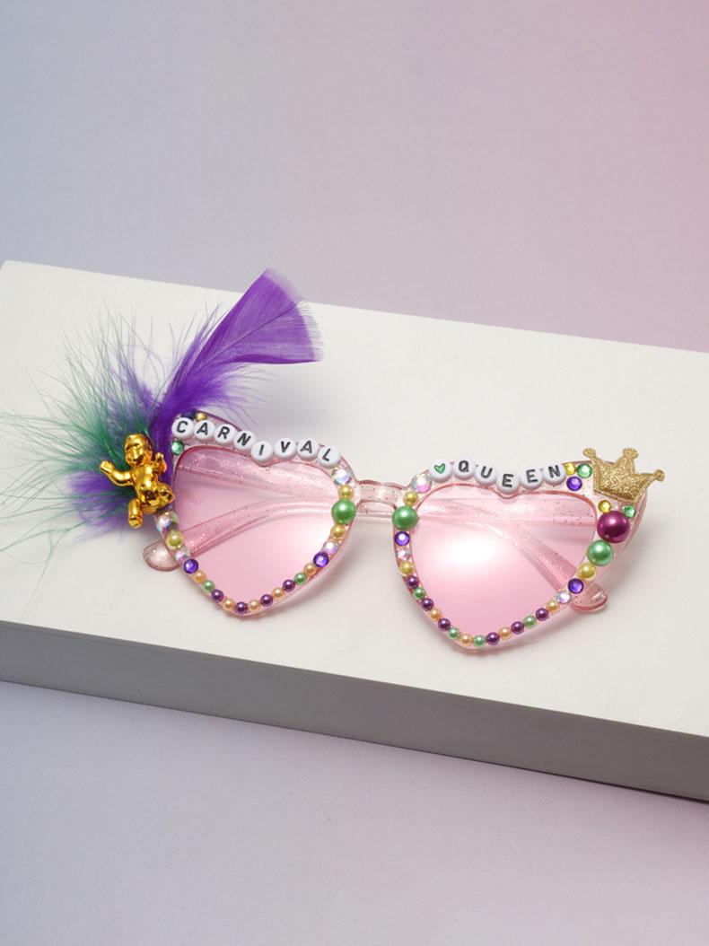 

2026 Carnival Queen Heart Sunglasses For Women Feather Crown Decor UV400 Protection Mardi Gras Party Shades Party Gift KJ198