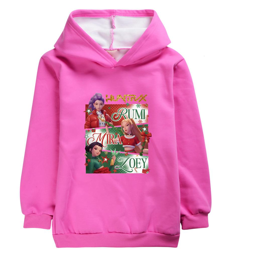 5181 Kids Girls Christmas New Year Kpop Rumi Zoey Mira Print Casual Long Sleeves Velvet Warm Winter Hoodie
