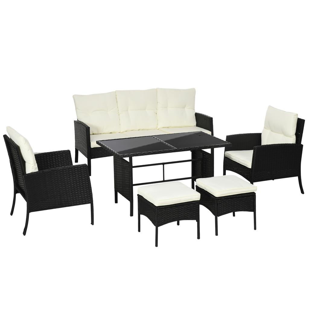 5 Seater Rattan Garden Furniture Set, 6 Piece Garden Sofa Set, Armchairs, 3-Seater Sofa, Footstools, Glass Dining Table, Cushions