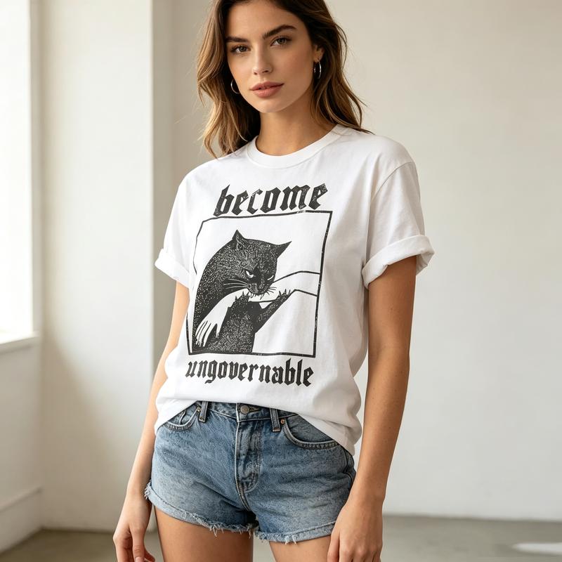 Vintage Black Cat Art Unisex 100 Cotton T Shirt Funny Animal Streetwear Summer Tops Y2k Clothes Oversized Tee