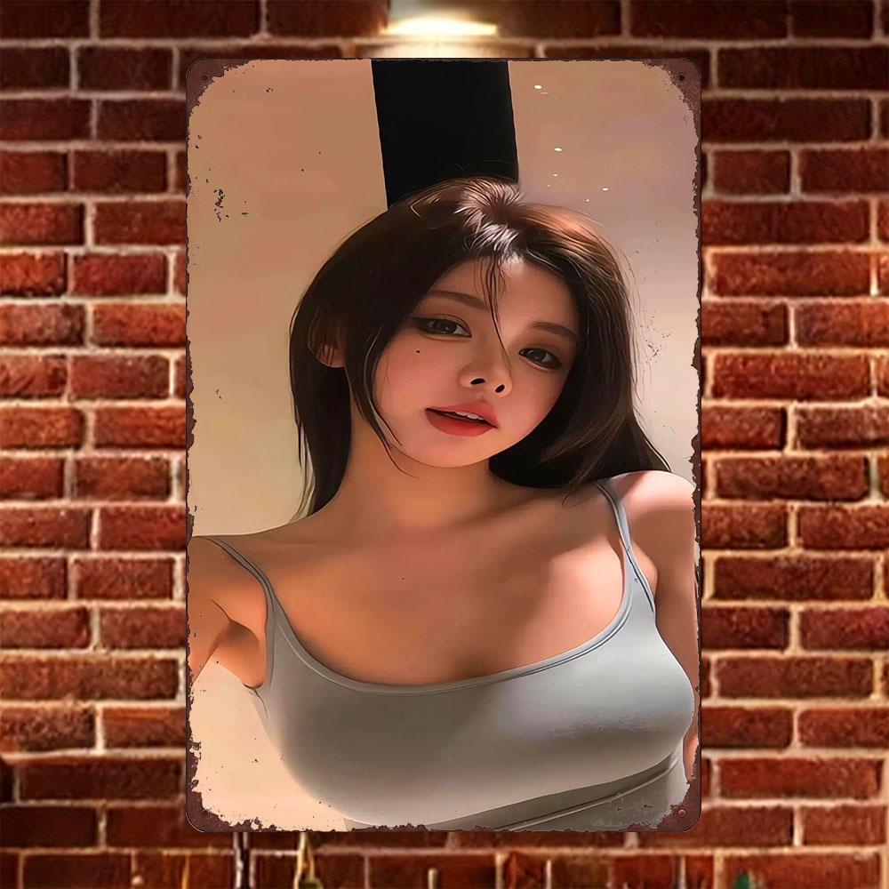 

HD Tin Sign Vintage Asian Girl in Gray Tank Top Selfie Metal Wall Art Retro Decor for Home Bar Cafe 20x30cm（7.8x11.8inch）