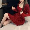 Women Dress Square Neck Pleated A-line Long Sleeves Pleated Slim Waist Velvet Mini Dress Prom Banquet Party Short Dress Fall Spring Princess Dress