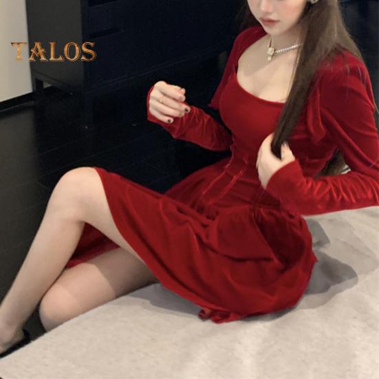 Women Dress Square Neck Pleated A-line Long Sleeves Pleated Slim Waist Velvet Mini Dress Prom Banquet Party Short Dress Fall Spring Princess Dress