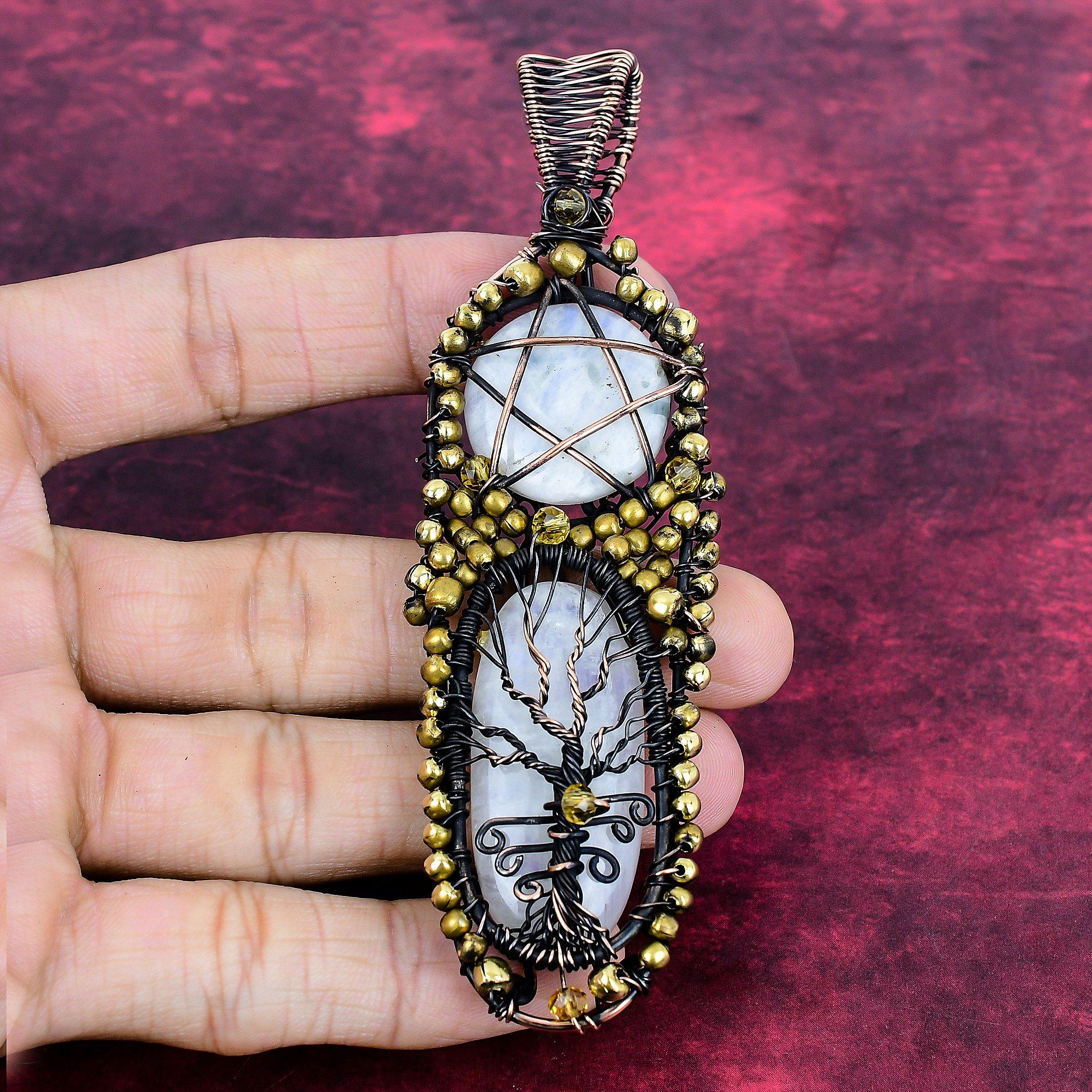 Tree Of Life Rainbow Moonstone Gemstone Pendant Copper Wire Wrapped Star Pendant