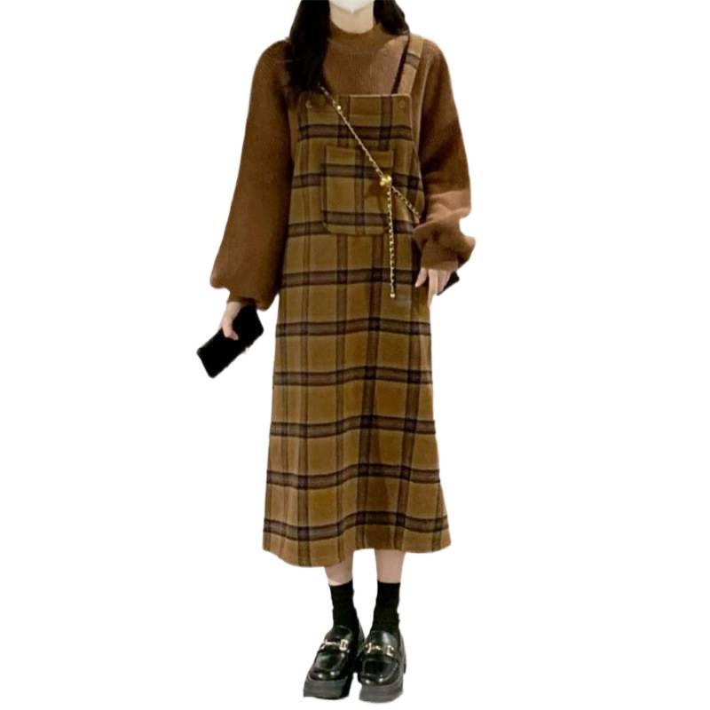 Sweet Salted Color Block Plaid Overall Dress & Long Sleeve Sweater Set for Spring/Autumn