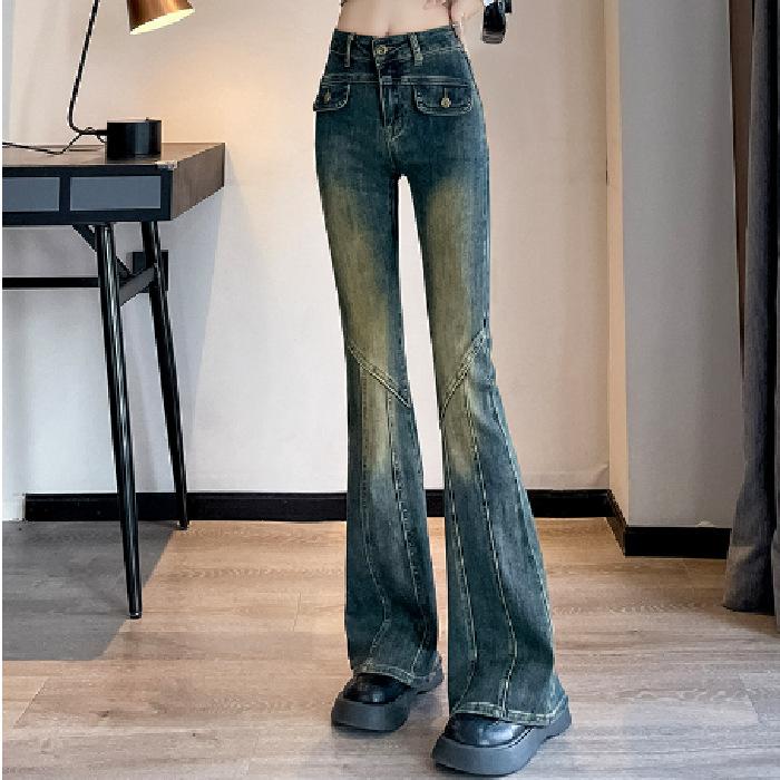 Washed High Street Light-flare Jeans for Women s In Autumn New High-waist Slim and Fitted Bell-bottom Pants XS