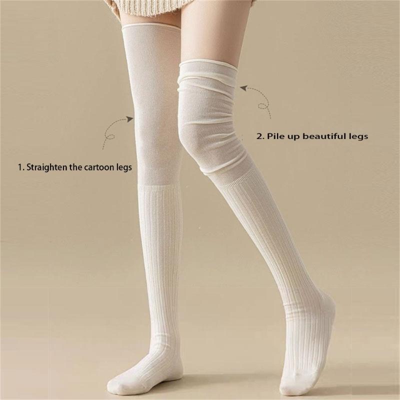 Einfarbige Kniehohe Lange Socken für Damen Japanische Studentin Raffung Lässiges Oberteil Gerippt Gestrickt Oberschenkelhohe Strümpfe Strumpfwaren