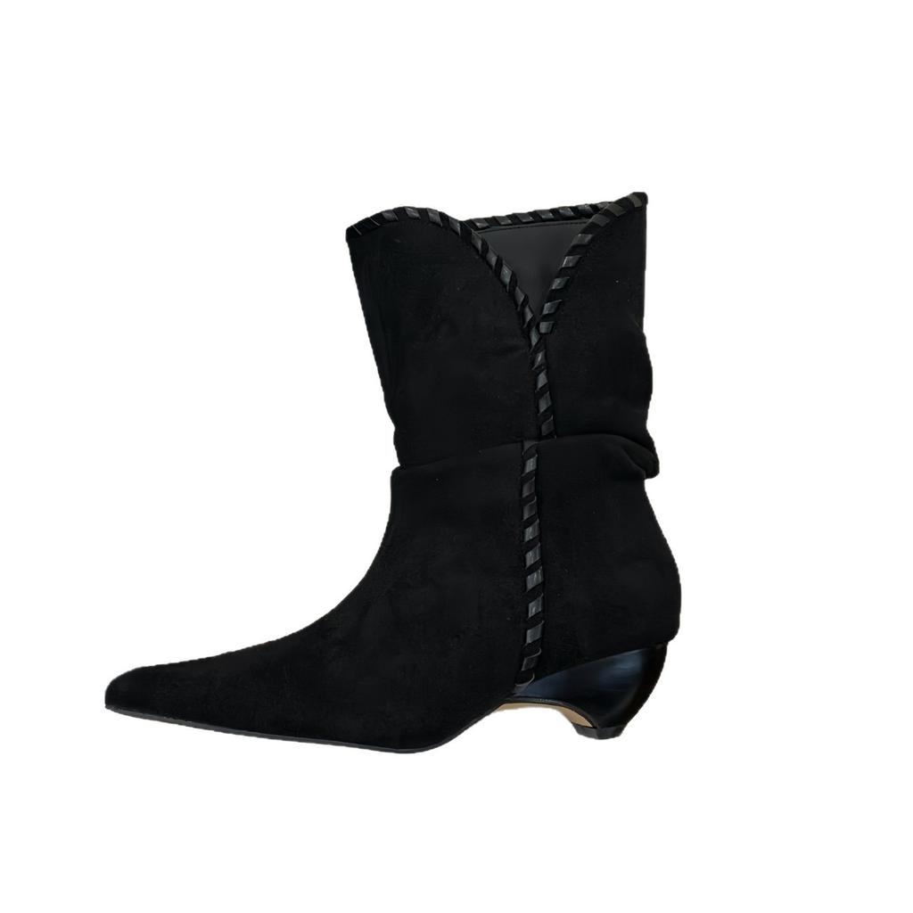 2025 Pointed Short Boots Women's Thick Heel Short Tube Thin Boots European and American Style Khaki Matte Suede Stacking Boots