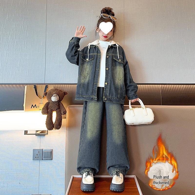 

2025 Комплект из двух предметов из денима на флисовой подкладке для девочек - Модная осенне-зимняя одежда для детей среднего и старшего возраста 150cm