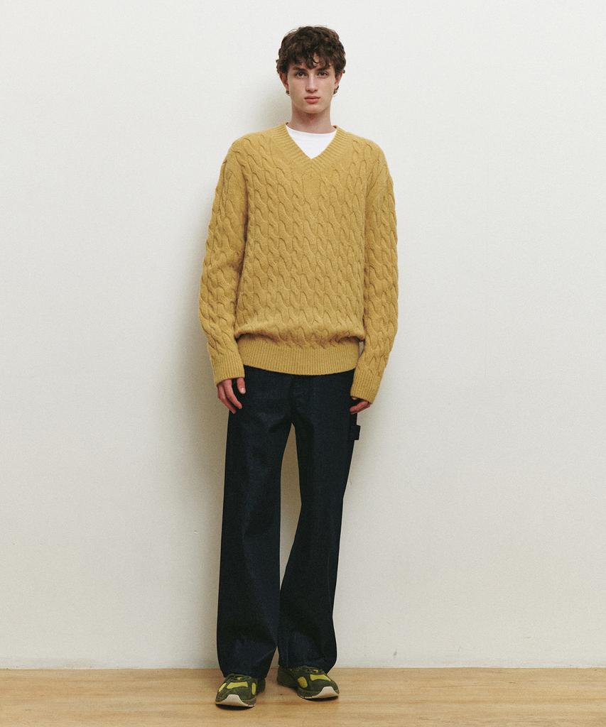 MINDBRIDGE [Hoite] Wool Blend Cable V-Neck Semi-Oversized Knit