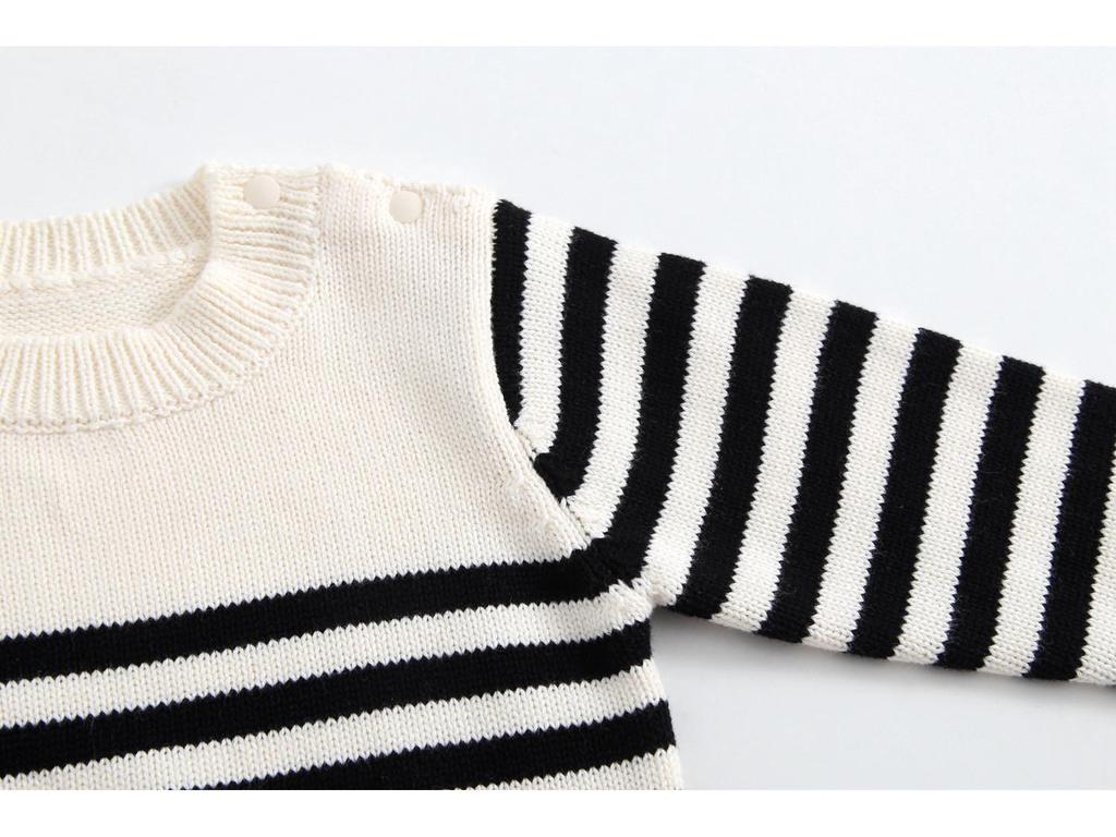Frühling & Herbst Baby Baumwolle Knopf Strickpullover - Unisex Rundhals Streifen Oberteil