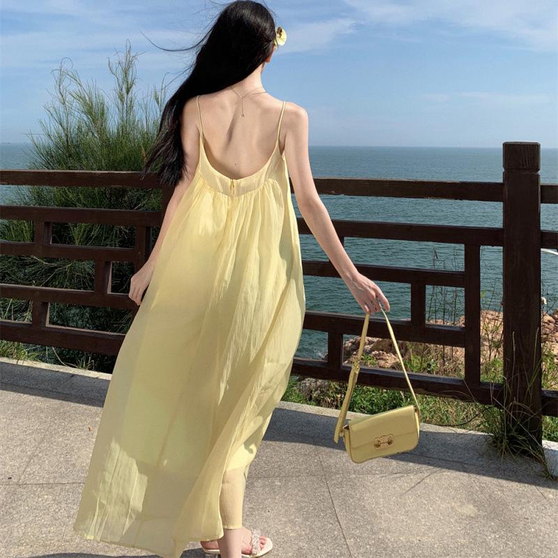 Women's Luxurious Summer Sling Dress with Rhinestone Beading - Exquisite Long Vacation Dress