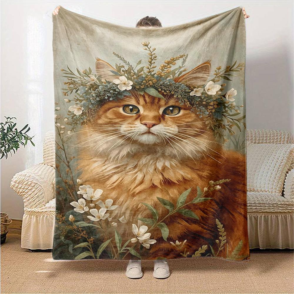 1pc cat flowers blanket Lightweight Flannel Throw for Sofa Bed Travel Camping Livingroom Office Couch Chair