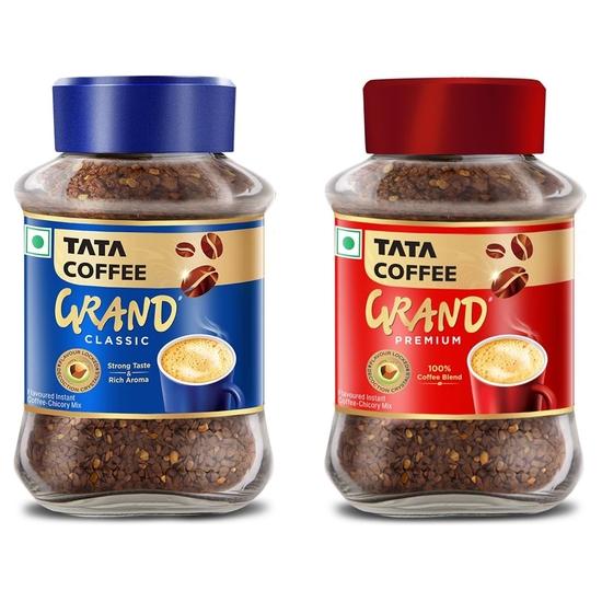 Tata Coffee Grand Premium Instant Coffee|100G Jar, Powder & Tata Coffee Grand Classic Instant Coffee| With Flavour Locked Decoction Crystals | 95g Jar