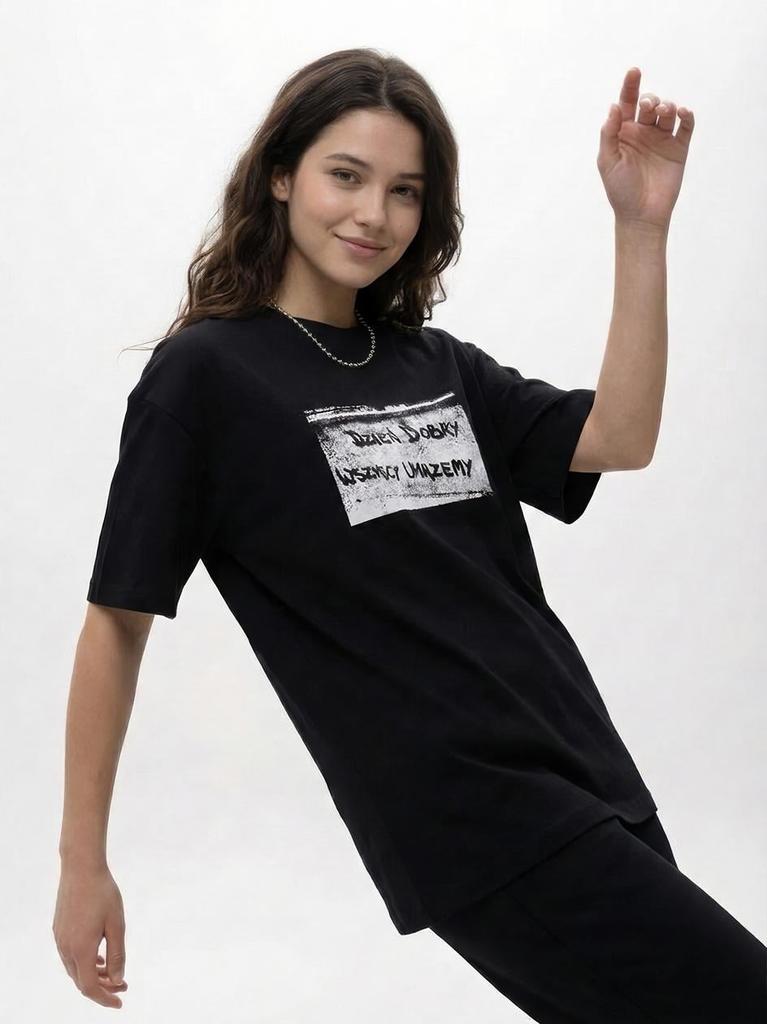 MyStars Dzień Dobry M Women's Oversized Short Sleeve T-Shirt Black