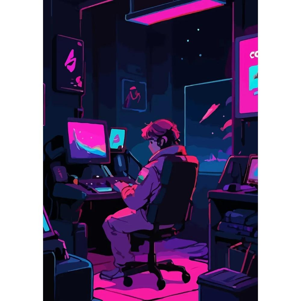 Retro-Futuristic Gaming Setup Posters Neon Lights Basket Ring Game Room Modern Prints Canvas Wall Picture Home Living Room Decor