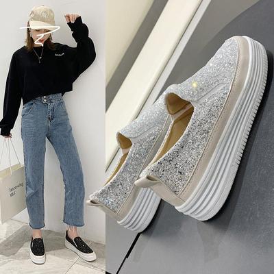 Platform Muffin Sole Women Shoes  Spring New One-Pedal Loafers Fashion Versatile Casual Shoes Trendy Design Sequins Sneakers