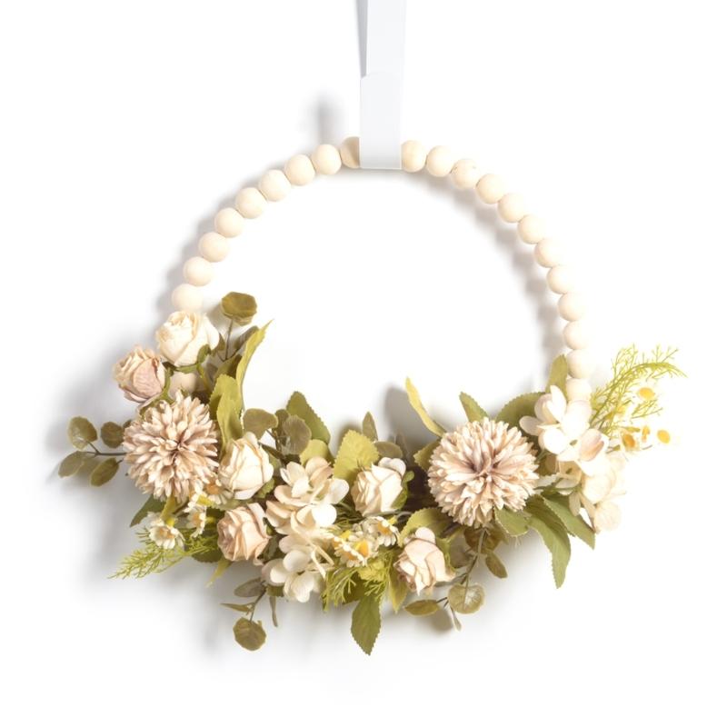 Artificial Flower Wood Beads Wreath Spring Wreath Decoration for Front Door Farmhouses Wedding Thanksgiving Decoration