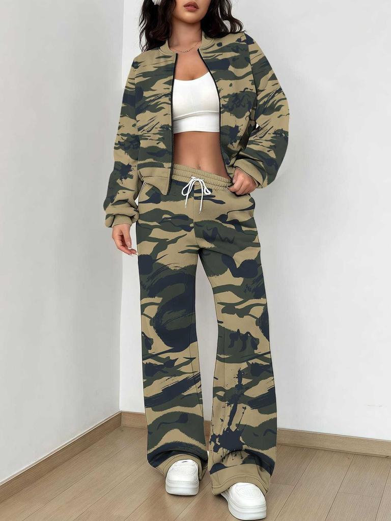Simple Autumn and Winter New European and American Women's Clothing Yellow-green Camouflage Printing Suit Women