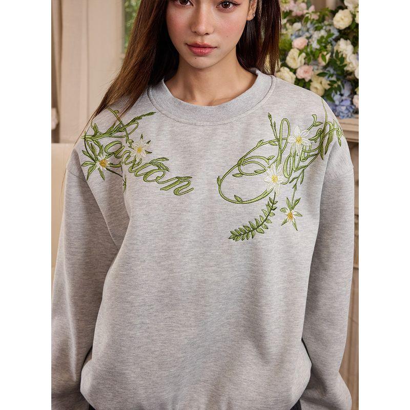 HACR Necklace Harshandcruel American Street Handwritten Flower Necklace Couple Sense Crew Neck Pullover Sweatshirt