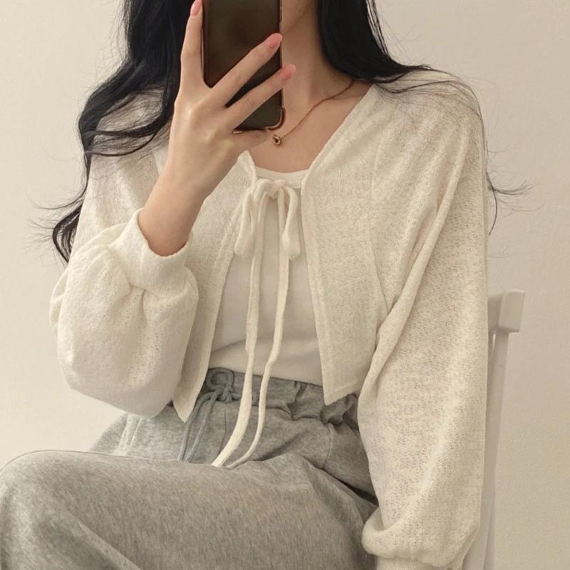 Design-inspired Tie-up Lantern Sleeve Mesh Summer Fashion Niche Vintage Versatile Short Thin Cardigan