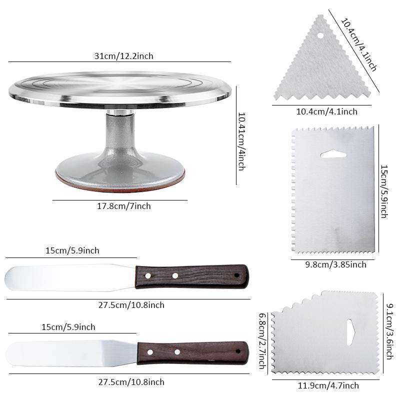 6 Stück/Set Drehteller Kuchen Dekoration Zubehör Set Rotierender Kuchenständer Werkzeuge Metall Edelstahl Gebäckspatel Schaber