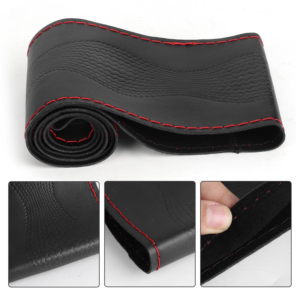 38cm 15in Leather Steering Wheel Cover Embossing Needles&Thread Kit Car Interior Decoration(Black Red )