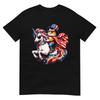 Katze reitet Einhorn USA-Flagge Patriotisches T-Shirt zum 4. Juli