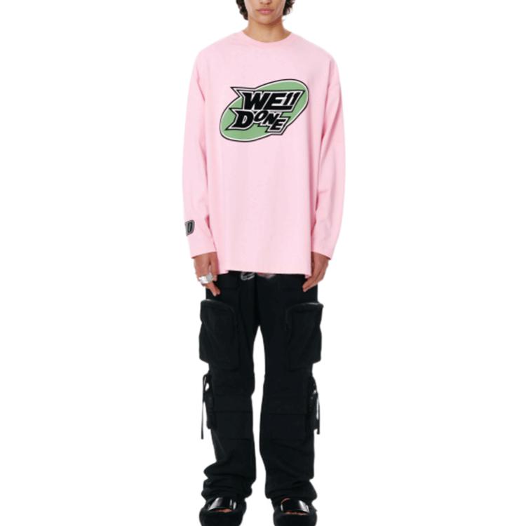 We11done Ss22 Round Logo Pattern Crew Neck Long Sleeve T-Shirt Unisex Tops Pink WD-TT1-22-648-U-PK