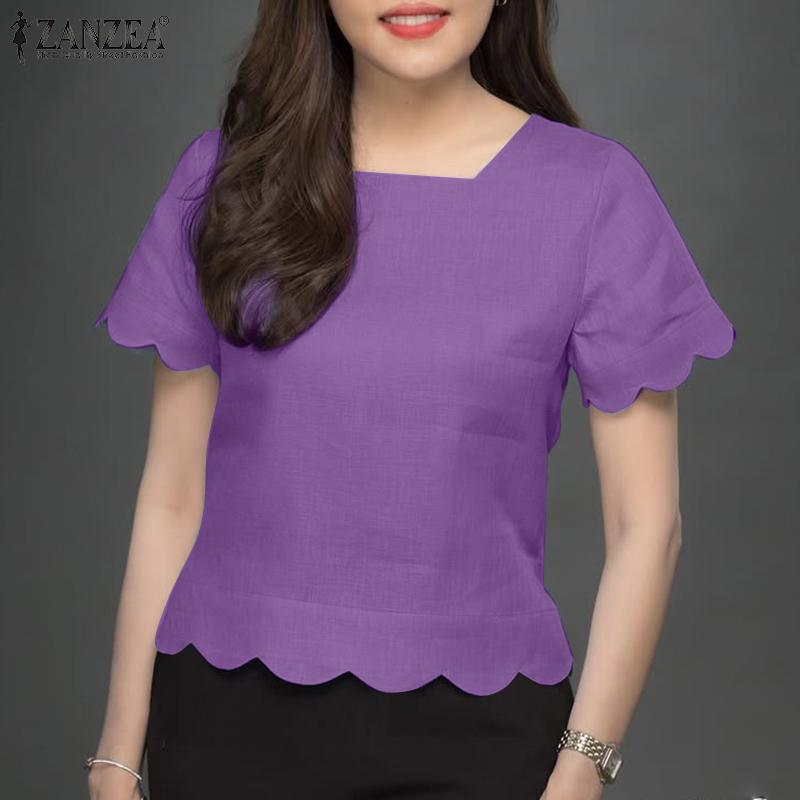 ZANZEA Wome Casual Short Sleeve Side Zipper Wavy Edge Summer Blouse