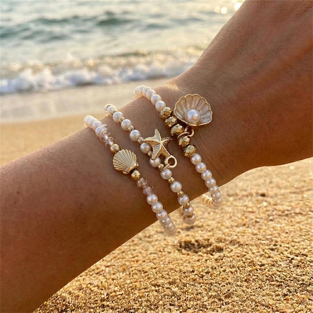 Bohemian Shell Starfish Bead Bracelet Set for Women Summer Beach Multilayer Starfish Conch Stacked Bracelet Party Jewelry Gifts