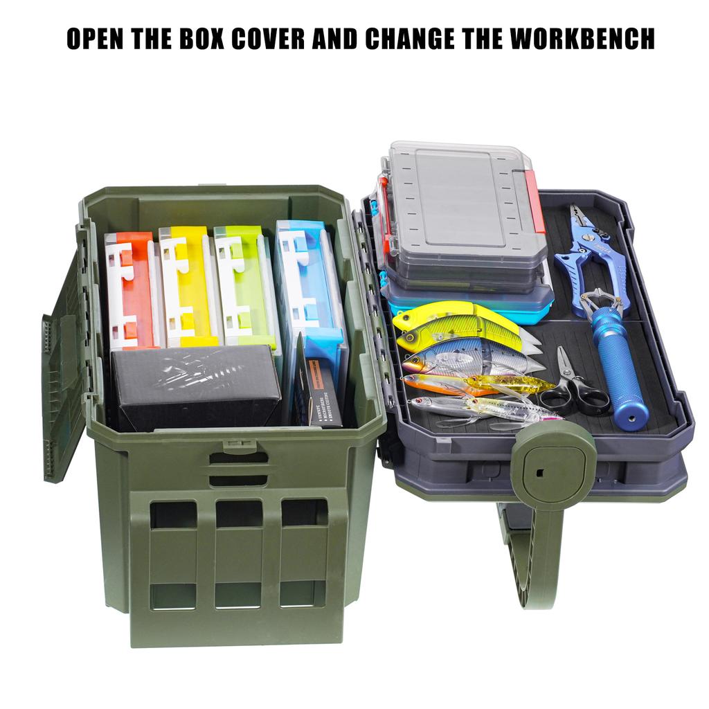 Grande Scatola da Pesca Suit 19.5L 2 Porta Canne+Portabicchieri+Barattolo per Esca Pesca in Mare Multifunzione Scatola per Esca Multi-piano Manico con Blocco Automatico Spesso