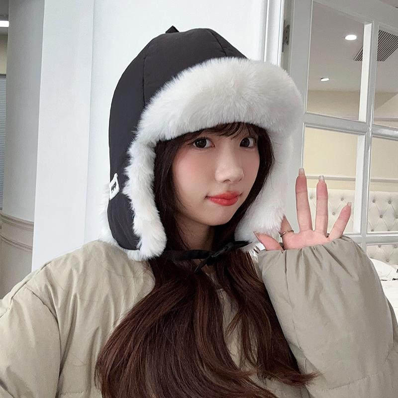 Retro Thickened Ear Protective Hat Windproof Plush Cycling Hat Korean Style Big Head Circumference Women Hat Ladies