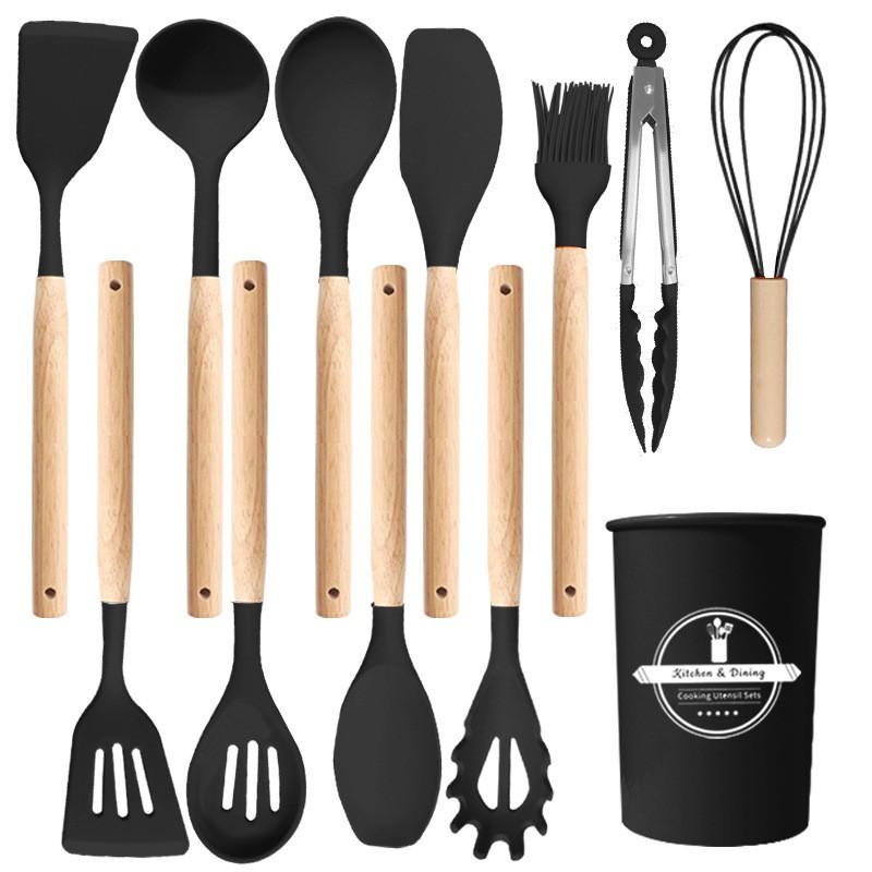 12-Piece Silicone Kitchen Utensil Set With Wooden Handle Heat-Resistant Non-Stick Cooking Tools Home Use