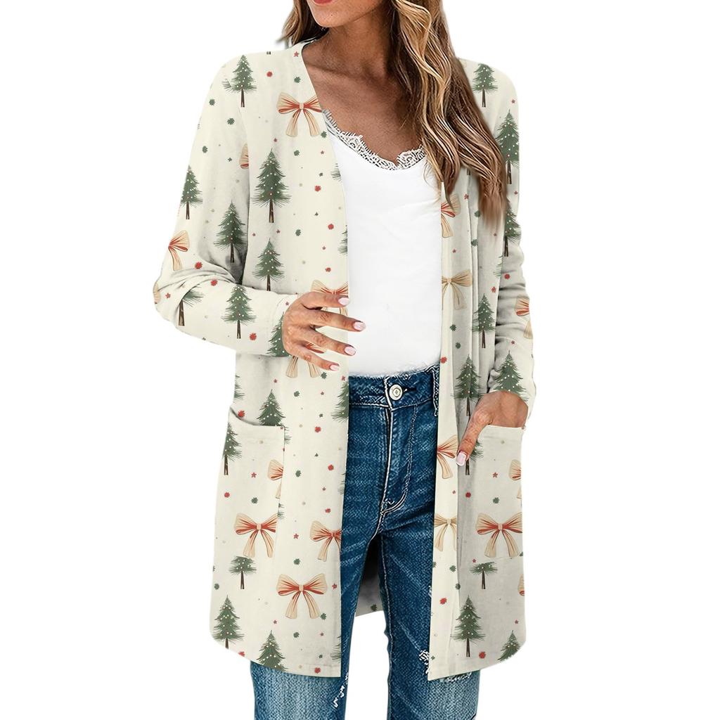 Damen Leichte Langarm Offene Strickjacken Langarm Leichter Vintage Bedruckter Mantel mit Taschen