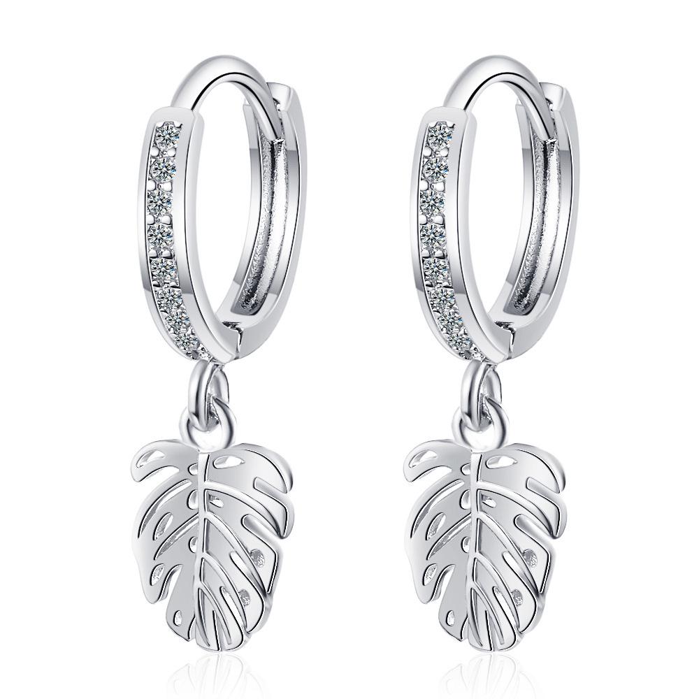 Quality Korean Rhinestone Leaf Hoop Earrings - Zirconia Inlaid Light Luxury