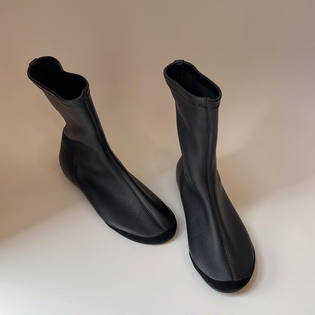 Sheepskin Version Round Head Retro Simple Thin Boots Flat Short Boots Thin Boots Elastic Boots Women's Versatile Commuter Socks Boots