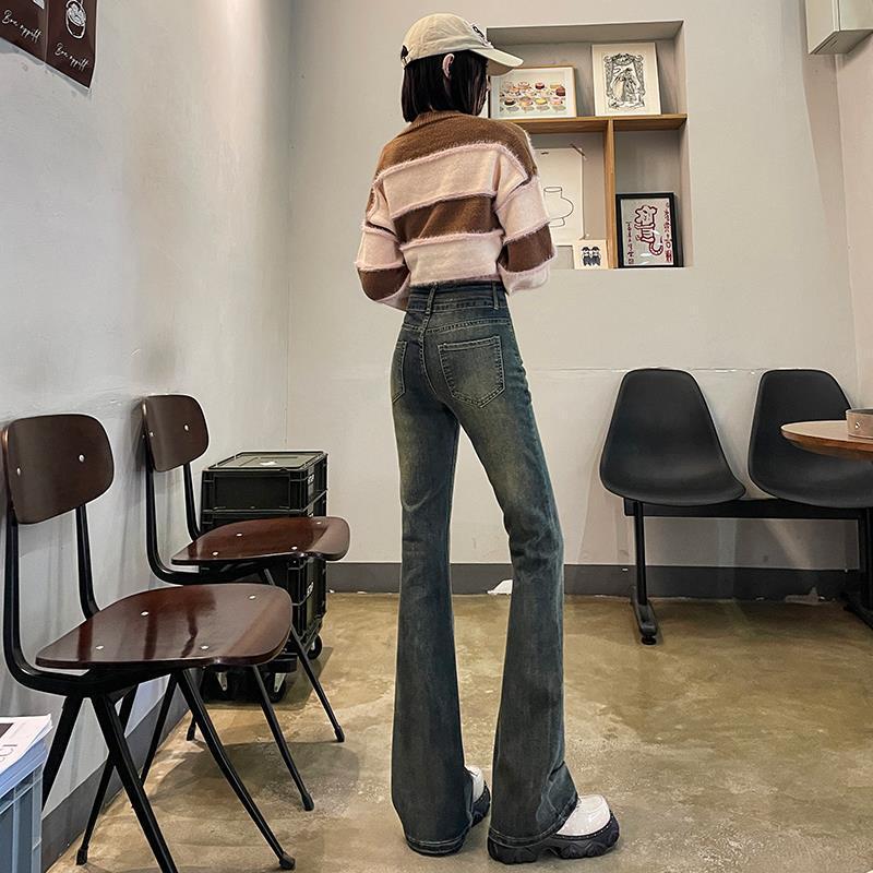 Cement Gray High-Waist Elastic Flared Jeans for Women - Petite Slim Fit, Spring/Autumn 2024