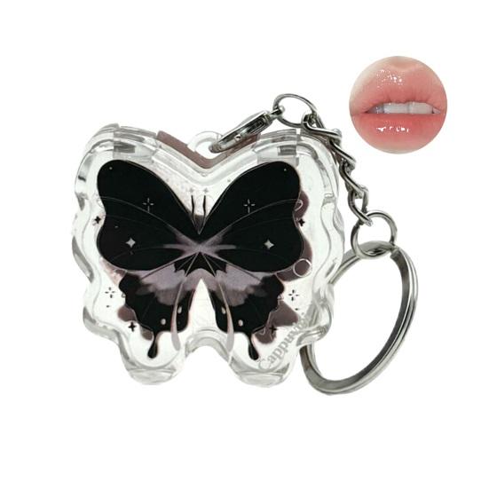 Solid Lip Gloss with Butterfly Keychain Long-lasting High Pigment Moisturizing Hydrating Mirror Water Lip Tint Stain Glaze Women Girls Lipstick