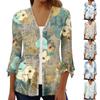 Women's Casual V Neck Loose Fit Blouse Seven Quarter Sleeve Floral Print Button Front Ruffle Sleeve Shirt